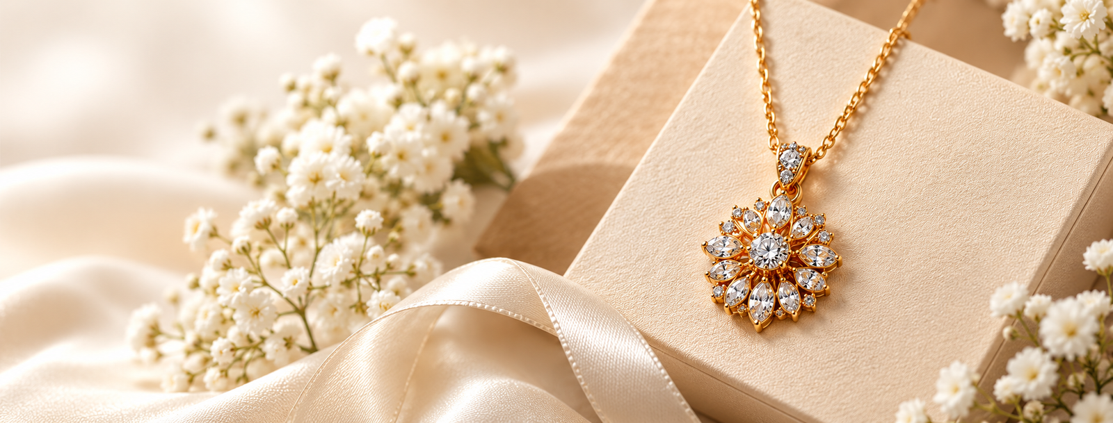 Pendant necklace on a gift box with ribbon
