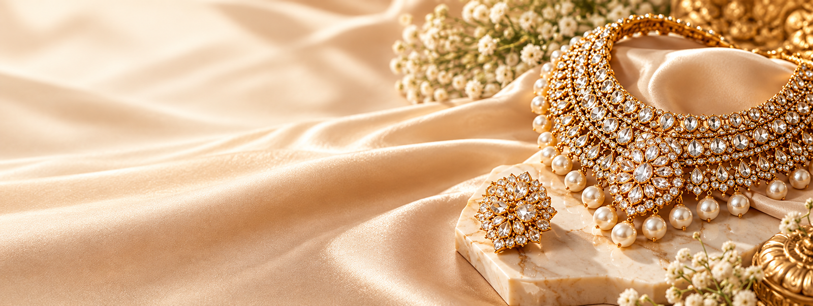 Diamond bangle and ring on ivory satin with baby's breath